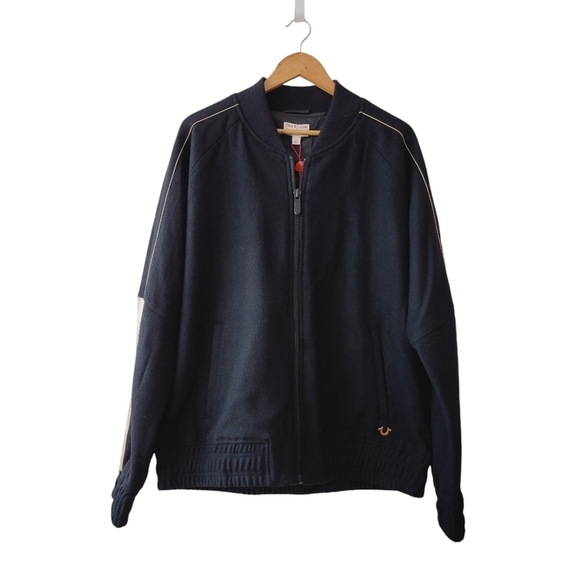True Religion Black Wool Blend Varsity Jacket - Picture 1 of 13